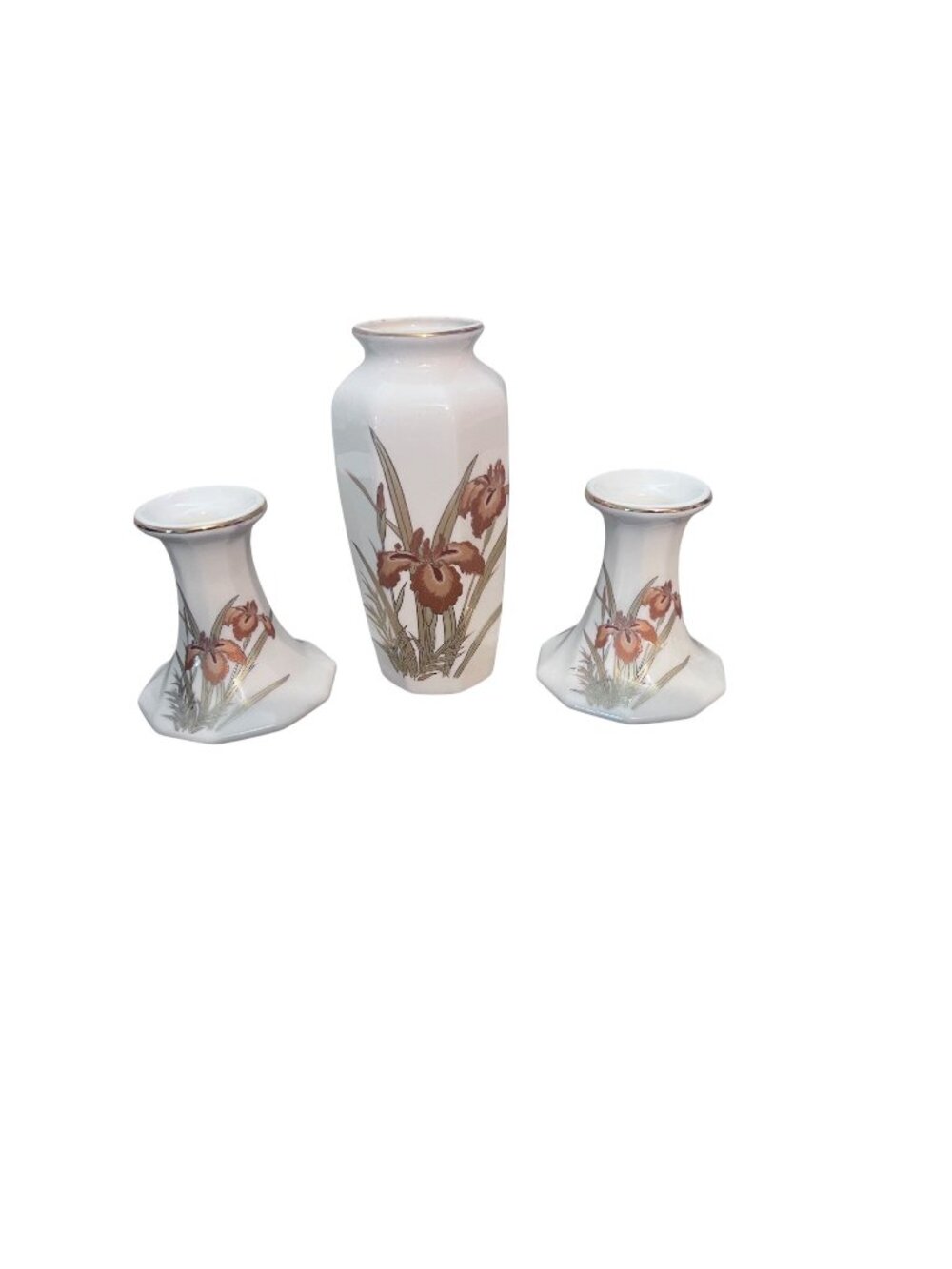 Fine China Japan Iris Floral Bud Vase Candle Holder Set Gold Trim 3 Piece